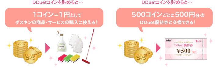 DDuetコインを貯めると…1コイン=1円としてダスキンの商品・サービスの購入に使える！・DDuetコインを貯めると…500コインごとに500円分のDDuet優待券と交換できる！