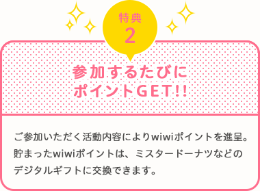 特典2　参加するたびにポイントGET!!　ご参加いただく活動内容によりwiwiwポイントを進呈。貯まったwiwiポイントは、ミスタードーナツなどのデジタルギフトに交換できます。