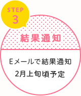 STEP3　結果通知　Eメールで結果通知　2月上旬頃予定